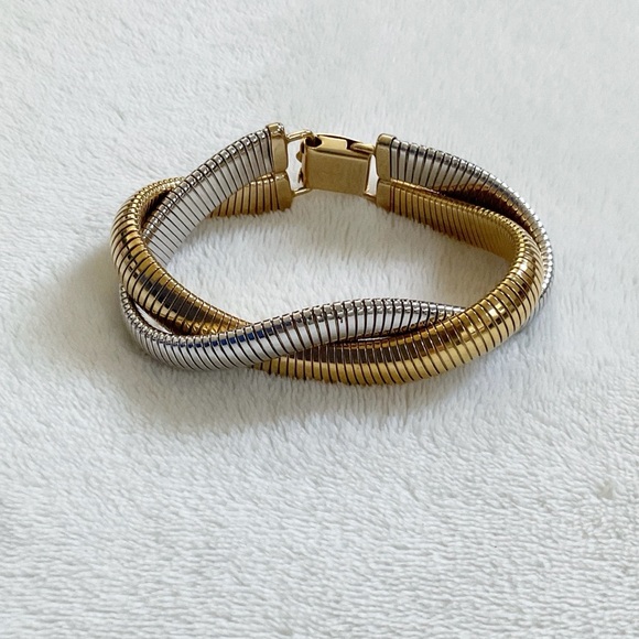 Napier Jewelry - Vintage 60s/70s Napier Snake Chain Twist Two-Tone Stretch Bracelet Gold Silver